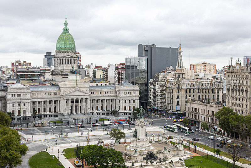 布宜诺斯艾利斯和Plaza Congreso(国会广场)的鸟瞰图在布宜诺斯艾利斯，阿根廷。